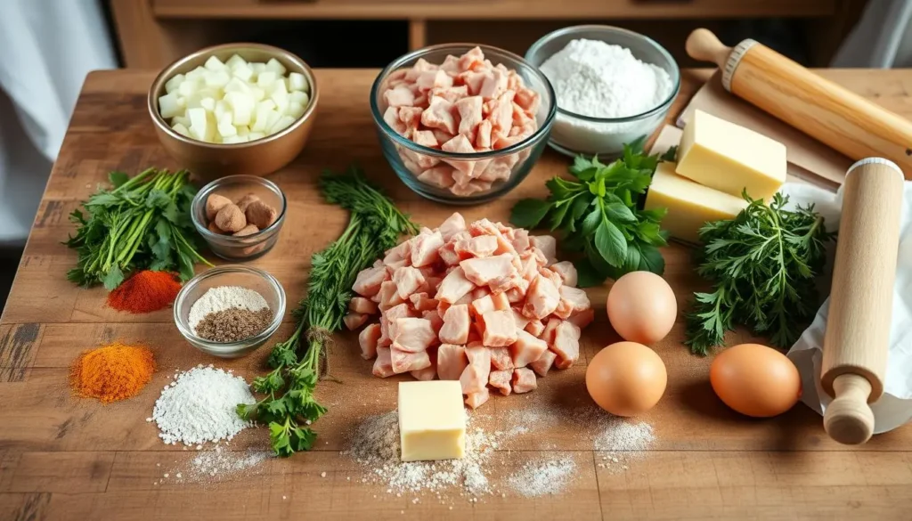 A rustic wooden table topped with ingredients for a pork pie, featuring ground pork, diced onions, a blend of spices, fresh herbs, flour for pastry, butter, an egg, and a rolling pin, all arranged in a cozy kitchen setting with soft natural light.