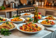 A beautifully arranged Italian dining table featuring vibrant dishes inspired by Nick Digiovanni's recipes, including fresh pasta, colorful vegetables, aromatic herbs, and a bottle of olive oil, set against a rustic kitchen backdrop with soft, warm lighting.