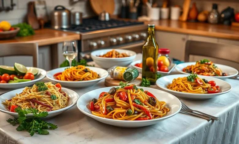 A beautifully arranged Italian dining table featuring vibrant dishes inspired by Nick Digiovanni's recipes, including fresh pasta, colorful vegetables, aromatic herbs, and a bottle of olive oil, set against a rustic kitchen backdrop with soft, warm lighting.