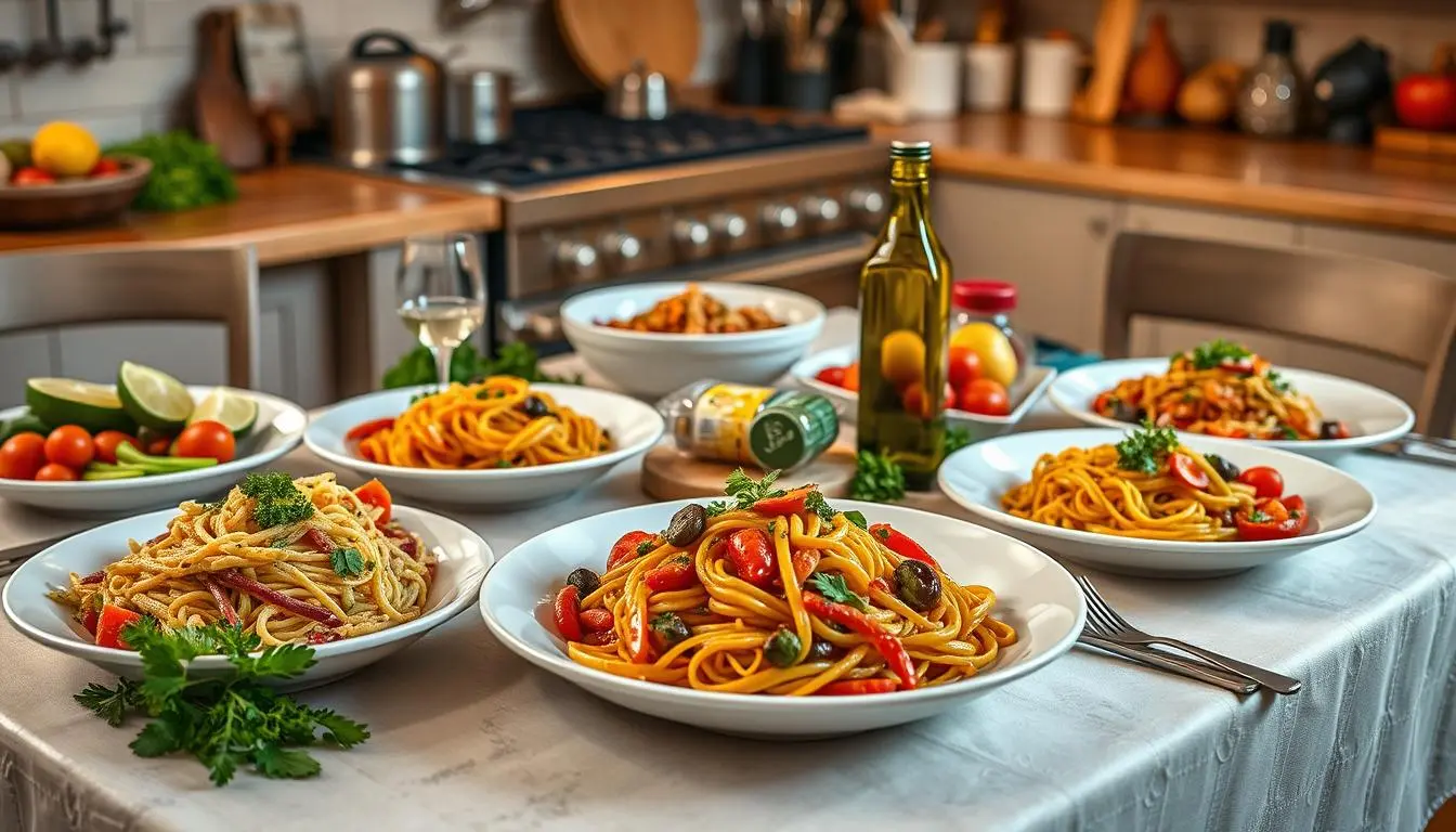 A beautifully arranged Italian dining table featuring vibrant dishes inspired by Nick Digiovanni's recipes, including fresh pasta, colorful vegetables, aromatic herbs, and a bottle of olive oil, set against a rustic kitchen backdrop with soft, warm lighting.