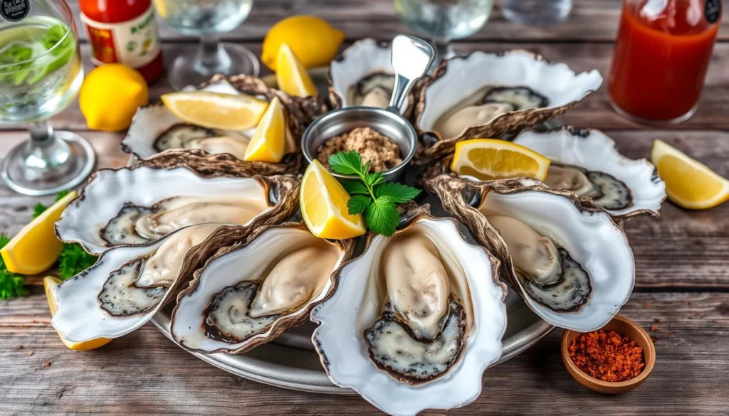 A visually appealing arrangement of oyster shells filled with fresh oysters, surrounded by vibrant garnishes such as lemon wedges, hot sauce bottles, and cocktail glasses. Include a sprinkle of chopped herbs and a small dish of spicy seasoning on a rustic wooden table.