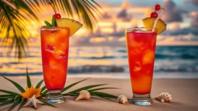 A vibrant tropical drink resembling a sunset, blending shades of orange, pink, and purple in a tall glass with ice. Garnished with a slice of fresh pineapple and a cherry on top, surrounded by palm leaves and seashells. The background features a serene beach at sunset, with gentle waves lapping at the shore and colorful skies reflecting off the water.