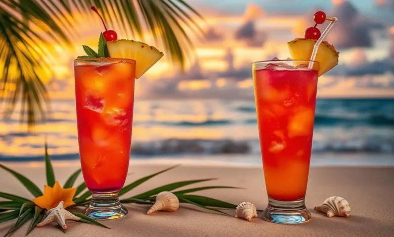 A vibrant tropical drink resembling a sunset, blending shades of orange, pink, and purple in a tall glass with ice. Garnished with a slice of fresh pineapple and a cherry on top, surrounded by palm leaves and seashells. The background features a serene beach at sunset, with gentle waves lapping at the shore and colorful skies reflecting off the water.