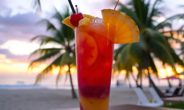 A vibrant, colorful tropical drink served in a tall glass filled with layers of sunset hues — deep oranges, pinks, and purples — garnished with fresh fruit slices like pineapple and cherries, surrounded by ice cubes, with a backdrop of a serene beach at sunset, palm trees swaying gently in the breeze.