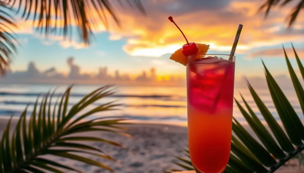 A vibrant tropical drink in a tall glass, layered with sunset colors of orange, pink, and purple, garnished with a slice of pineapple and a cherry on top, surrounded by lush green palm leaves and a backdrop of a breathtaking sunset sky over a beach, with gentle waves lapping at the shore.