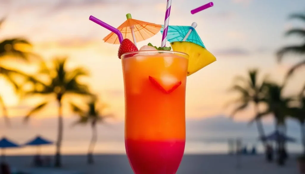 A vibrant, colorful cocktail glass filled with a layered drink showcasing shades of orange, pink, and purple, resembling a sunset. The glass is garnished with tropical fruits like slices of pineapple and strawberries, with a small umbrella and colorful straws. The background features a beach scene at sunset with palm trees silhouetted against the sky, creating a refreshing and inviting atmosphere.