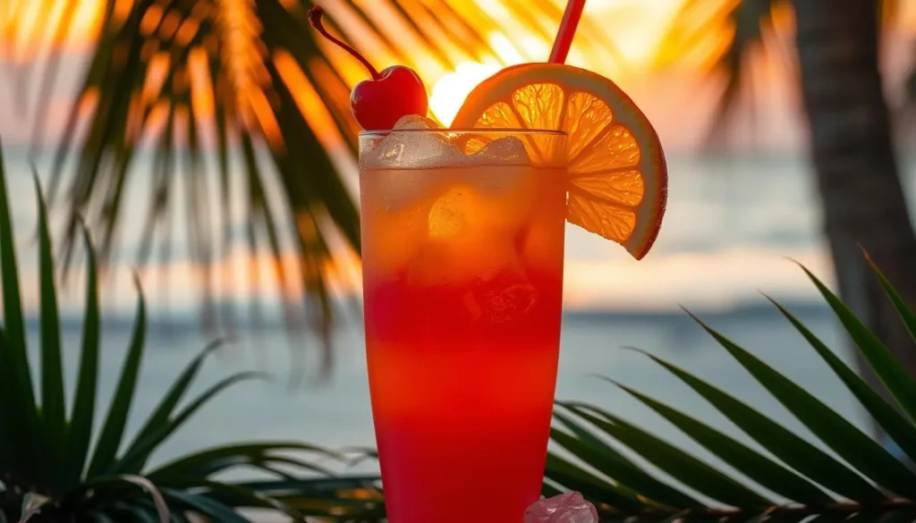 Vibrant tropical drink with layers of sunset colors, bright orange and pink gradients, topped with a cherry and a slice of orange, served in a tall, frosty glass with ice, surrounded by palm leaves and a beach setting, soft glowing light of a sunset in the background.