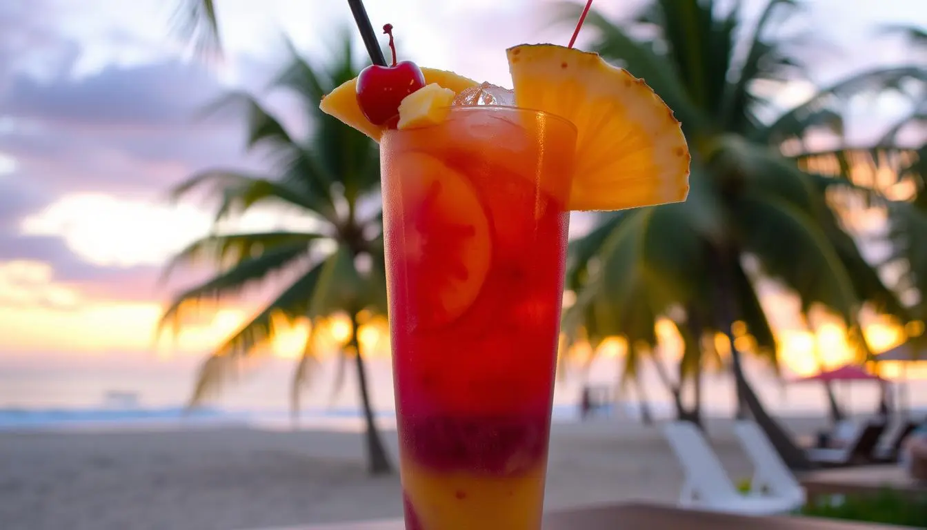 A vibrant, colorful tropical drink served in a tall glass filled with layers of sunset hues — deep oranges, pinks, and purples — garnished with fresh fruit slices like pineapple and cherries, surrounded by ice cubes, with a backdrop of a serene beach at sunset, palm trees swaying gently in the breeze.