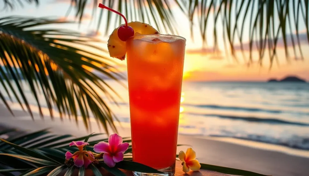 A vibrant and colorful tropical drink, featuring layers of orange, pink, and yellow reminiscent of a sunset. The drink is served in a tall glass with frosty condensation, garnished with a slice of fresh pineapple and a cherry on top. Surrounding the glass are tropical elements like palm leaves and small flowers, set against a backdrop of a serene beach at sunset, with soft waves lapping at the shore and silhouettes of distant islands.