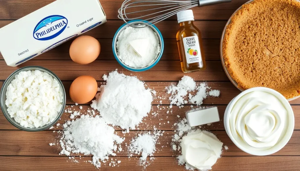 A beautifully arranged flat lay of cheesecake ingredients, including a block of Philadelphia cream cheese, fresh eggs, granulated sugar, a graham cracker crust, vanilla extract, and sour cream, surrounded by a sprinkle of flour and a whisk, all on a rustic wooden table with soft natural lighting.