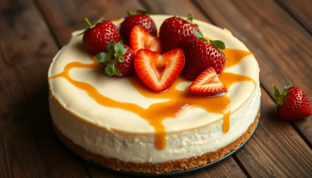 A decadent Philadelphia cream cheese cheesecake on a rustic wooden table, topped with fresh strawberries and a drizzle of caramel sauce, creamy texture visible, golden brown crust, soft natural lighting highlighting the cheesecake's smooth surface and vibrant red strawberries.