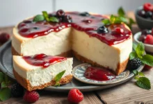 A creamy Philadelphia cheesecake topped with a glossy berry compote, set on a rustic wooden table, surrounded by fresh berries and mint leaves, with a slice of cheesecake elegantly cut out and placed on a decorative plate, soft natural lighting highlighting the textures.