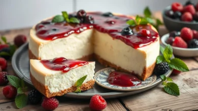 A creamy Philadelphia cheesecake topped with a glossy berry compote, set on a rustic wooden table, surrounded by fresh berries and mint leaves, with a slice of cheesecake elegantly cut out and placed on a decorative plate, soft natural lighting highlighting the textures.