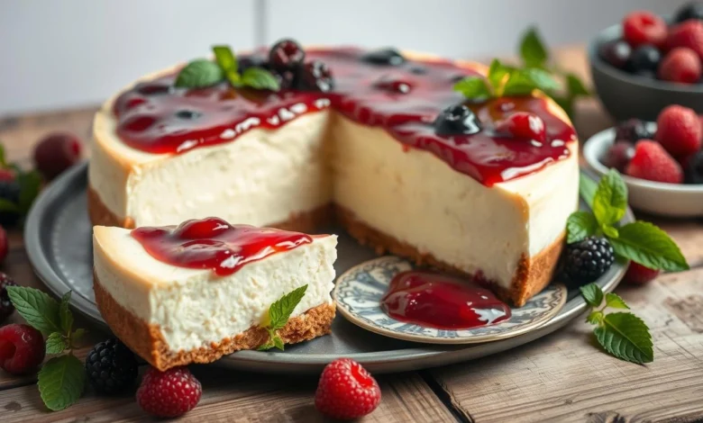 A creamy Philadelphia cheesecake topped with a glossy berry compote, set on a rustic wooden table, surrounded by fresh berries and mint leaves, with a slice of cheesecake elegantly cut out and placed on a decorative plate, soft natural lighting highlighting the textures.