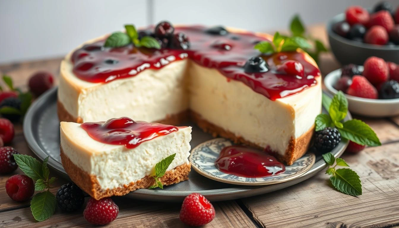 A creamy Philadelphia cheesecake topped with a glossy berry compote, set on a rustic wooden table, surrounded by fresh berries and mint leaves, with a slice of cheesecake elegantly cut out and placed on a decorative plate, soft natural lighting highlighting the textures.