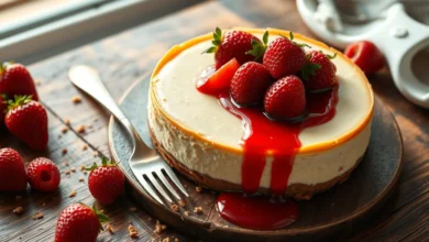 A delicious, creamy Philadelphia cheesecake on a rustic wooden table, topped with fresh strawberries and a drizzle of raspberry sauce, surrounded by scattered crumbs and a delicate fork beside it, soft natural light illuminating the scene, inviting and mouthwatering.