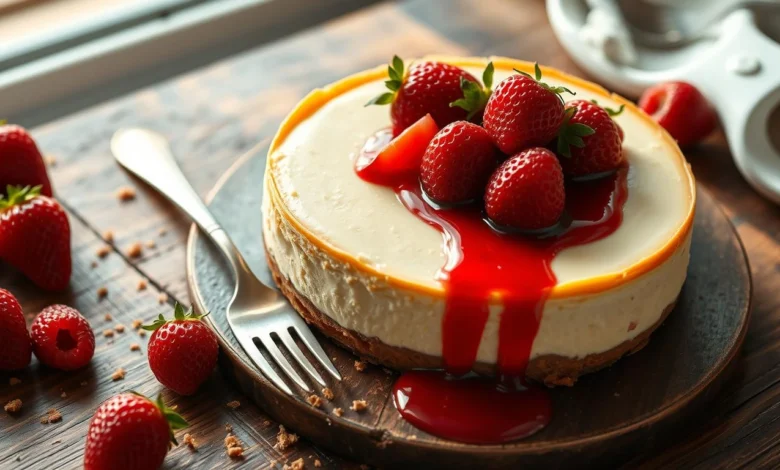 A delicious, creamy Philadelphia cheesecake on a rustic wooden table, topped with fresh strawberries and a drizzle of raspberry sauce, surrounded by scattered crumbs and a delicate fork beside it, soft natural light illuminating the scene, inviting and mouthwatering.