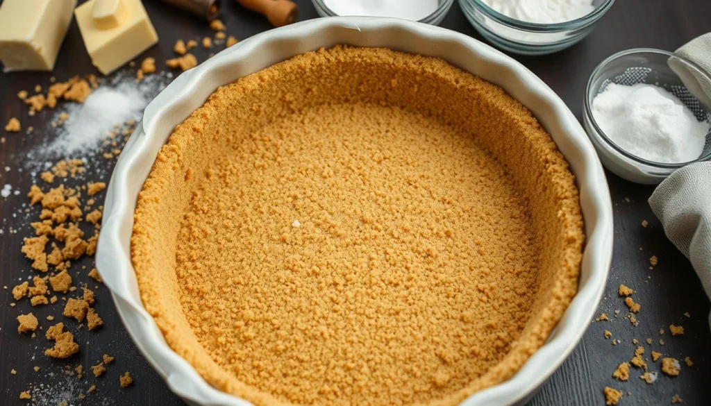 A close-up view of a golden, crumbly graham cracker crust for a cheesecake, elegantly placed in a round pie dish, surrounded by scattered crumbs, with fresh ingredients like butter and sugar nearby, glowing under soft kitchen light.