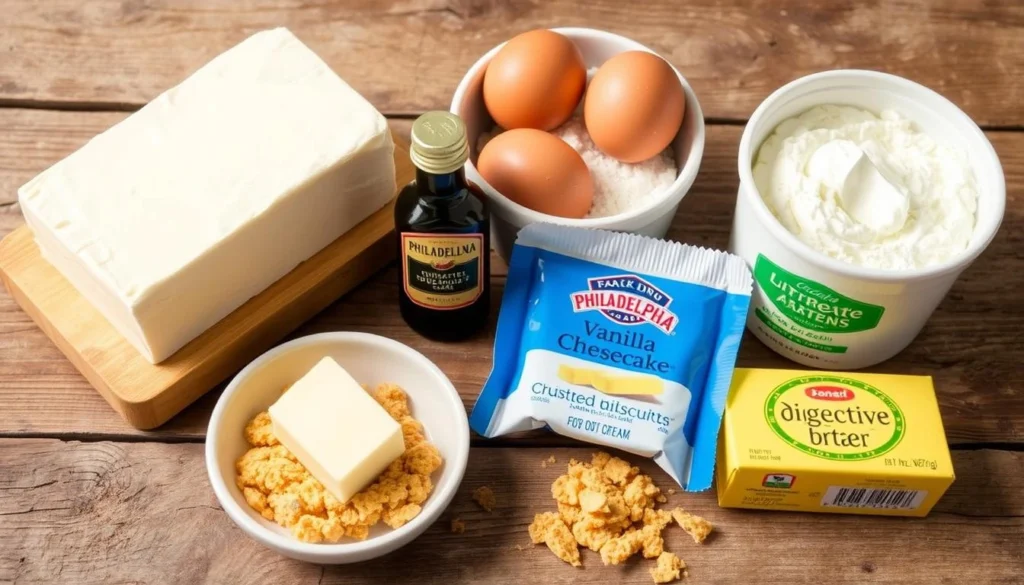 A visually appealing arrangement of Philadelphia cheesecake ingredients, featuring a block of cream cheese, a bowl of granulated sugar, fresh eggs, a packet of vanilla extract, a stick of unsalted butter, crushed digestive biscuits for the crust, and a small container of sour cream, all artistically placed on a rustic wooden table with soft natural lighting.