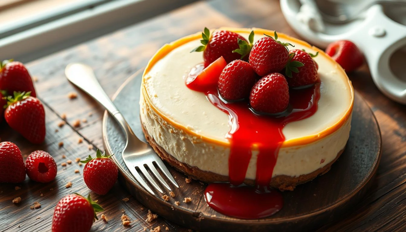 A delicious, creamy Philadelphia cheesecake on a rustic wooden table, topped with fresh strawberries and a drizzle of raspberry sauce, surrounded by scattered crumbs and a delicate fork beside it, soft natural light illuminating the scene, inviting and mouthwatering.