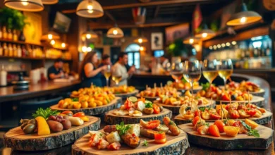 A vibrant Spanish bar scene featuring an assortment of tiny, colorful tapas appetizers elegantly arranged on rustic wooden platters. Include delicacies like olives, chorizo, patatas bravas, marinated seafood, and vibrant vegetable skewers, all surrounded by warm, ambient lighting and traditional Spanish décor. The atmosphere is lively with hints of laughter and clinking glasses in the background.