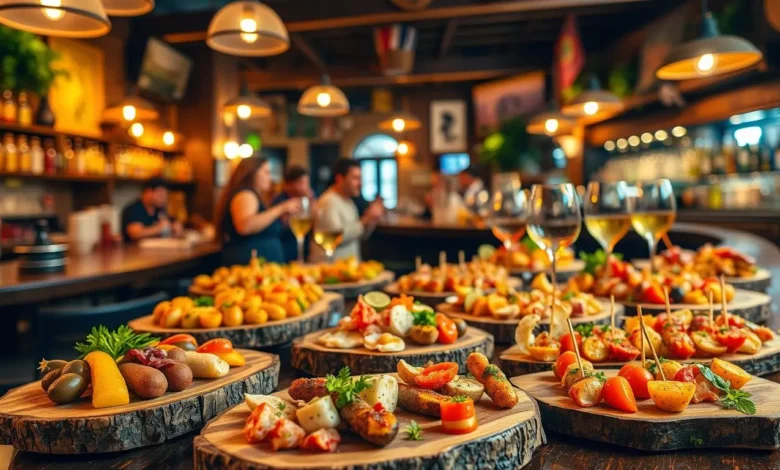 A vibrant Spanish bar scene featuring an assortment of tiny, colorful tapas appetizers elegantly arranged on rustic wooden platters. Include delicacies like olives, chorizo, patatas bravas, marinated seafood, and vibrant vegetable skewers, all surrounded by warm, ambient lighting and traditional Spanish décor. The atmosphere is lively with hints of laughter and clinking glasses in the background.