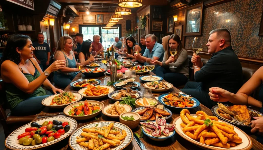 A vibrant Spanish bar scene filled with a variety of colorful tapas dishes on rustic wooden tables, small plates brimming with olives, chorizo, patatas bravas, and seafood, surrounded by an inviting atmosphere of laughter and conversation, warm ambient lighting casting a golden glow, groups of friends enjoying their meal together with clinking glasses of wine, and decorative tiles in the background.