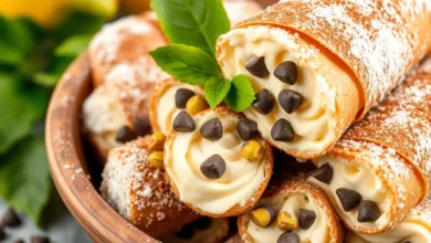 A close-up view of a traditional cannoli filling, showcasing creamy ricotta cheese mixed with powdered sugar, hints of vanilla, and small chocolate chips, elegantly arranged in a rustic bowl with a sprinkle of pistachios and a dusting of cocoa powder, set against a backdrop of fresh Sicilian lemons and vibrant green leaves.