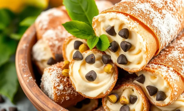 A close-up view of a traditional cannoli filling, showcasing creamy ricotta cheese mixed with powdered sugar, hints of vanilla, and small chocolate chips, elegantly arranged in a rustic bowl with a sprinkle of pistachios and a dusting of cocoa powder, set against a backdrop of fresh Sicilian lemons and vibrant green leaves.