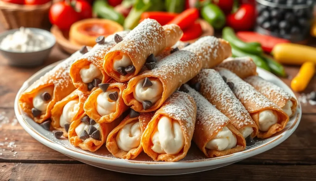 A beautifully arranged plate of traditional Sicilian cannoli, showcasing crispy, golden-brown shells filled with creamy ricotta filling, garnished with chocolate chips and dusted with powdered sugar, set against a rustic wooden table with a backdrop of vibrant Italian pastries and fresh ingredients.