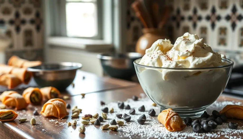 A rustic kitchen countertop adorned with a bowl of creamy ricotta cheese, speckled with powdered sugar, surrounded by pistachios and chocolate chips. Nearby, delicate cannoli shells are waiting to be filled, with a backdrop of traditional Sicilian tiles and soft natural lighting streaming in from a window.