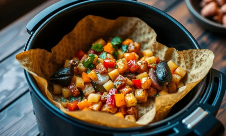 A beautifully arranged dish of tatraar, served in a modern air fryer basket, featuring vibrant colors of fresh ingredients like diced vegetables and herbs, garnished with a drizzle of sauce, set on a rustic wooden table with warm lighting.