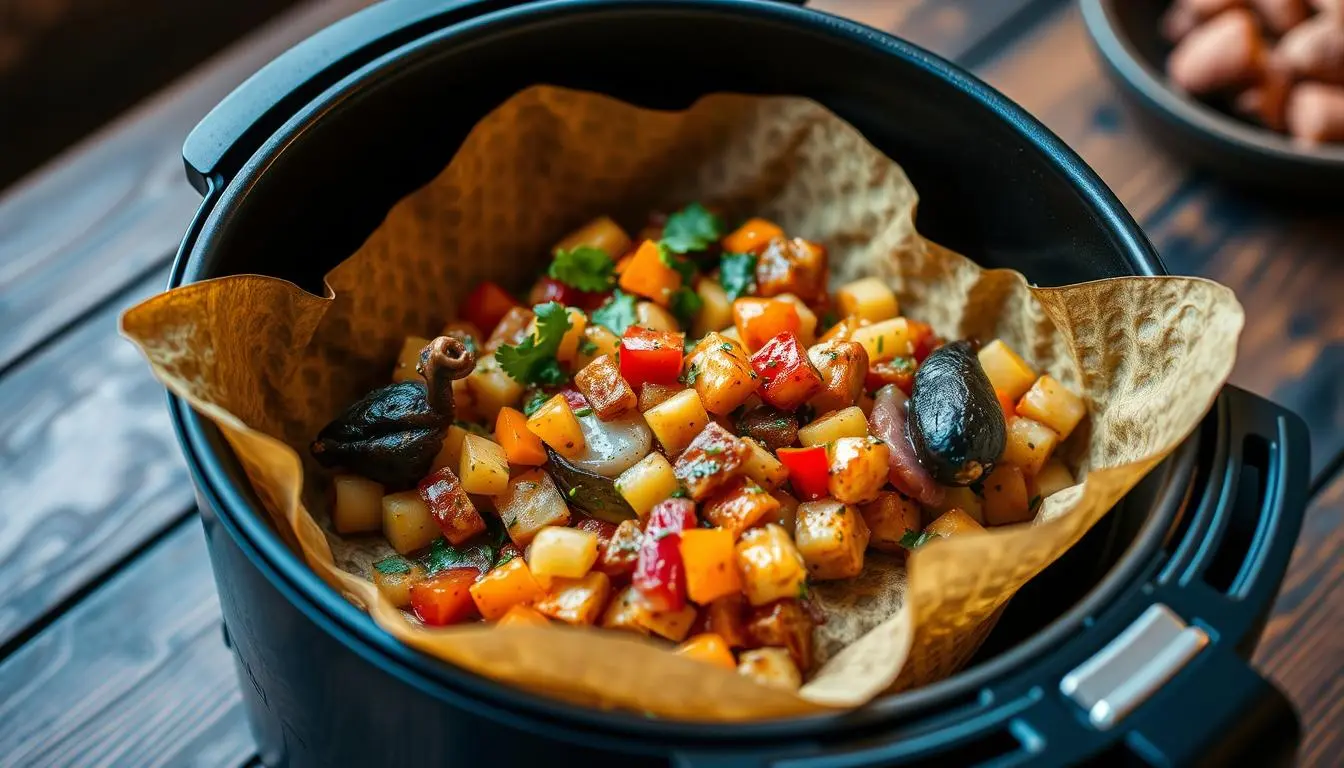 A beautifully arranged dish of tatraar, served in a modern air fryer basket, featuring vibrant colors of fresh ingredients like diced vegetables and herbs, garnished with a drizzle of sauce, set on a rustic wooden table with warm lighting.