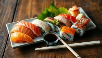 What Is Nigiri? A beautifully arranged plate of nigiri sushi featuring a variety of colorful toppings, including salmon, tuna, and shrimp, placed on a rustic wooden table, with delicate chopsticks beside it and a small dish of soy sauce. The scene is softly lit to emphasize the freshness and details of the sushi.