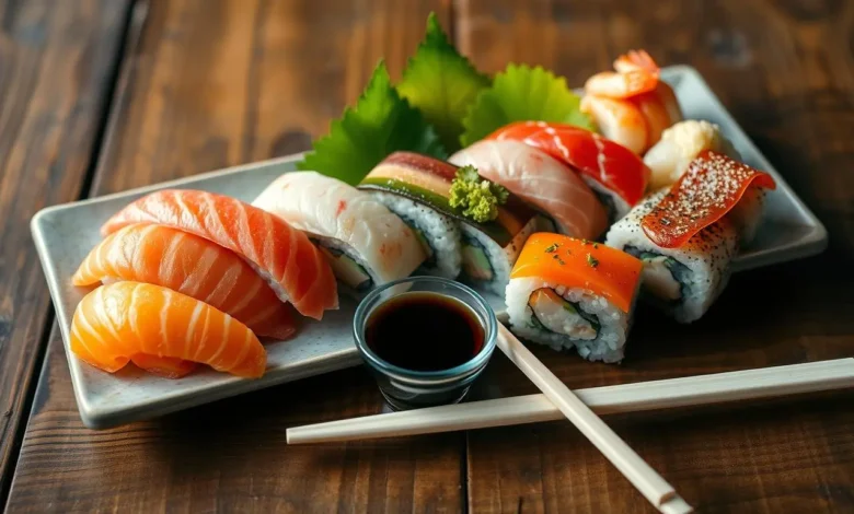 What Is Nigiri? A beautifully arranged plate of nigiri sushi featuring a variety of colorful toppings, including salmon, tuna, and shrimp, placed on a rustic wooden table, with delicate chopsticks beside it and a small dish of soy sauce. The scene is softly lit to emphasize the freshness and details of the sushi.