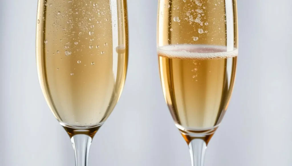 "A close-up scene featuring a sparkling wine flute filled with bubbly Prosecco, alongside a traditional Champagne glass overflowing with golden Champagne, set against an elegant backdrop of soft, diffused light, highlighting the effervescence and fine bubbles in both drinks."