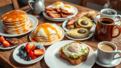 A vibrant and inviting breakfast spread on a rustic wooden table, featuring a variety of delicious dishes: fluffy pancakes stacked high with syrup drizzling down, perfectly scrambled eggs, crispy bacon, fresh fruit like strawberries and blueberries, avocado toast with a sprinkle of salt, and steaming coffee in a charming mug. The scene is bright and warm, capturing the essence of a perfect morning meal.