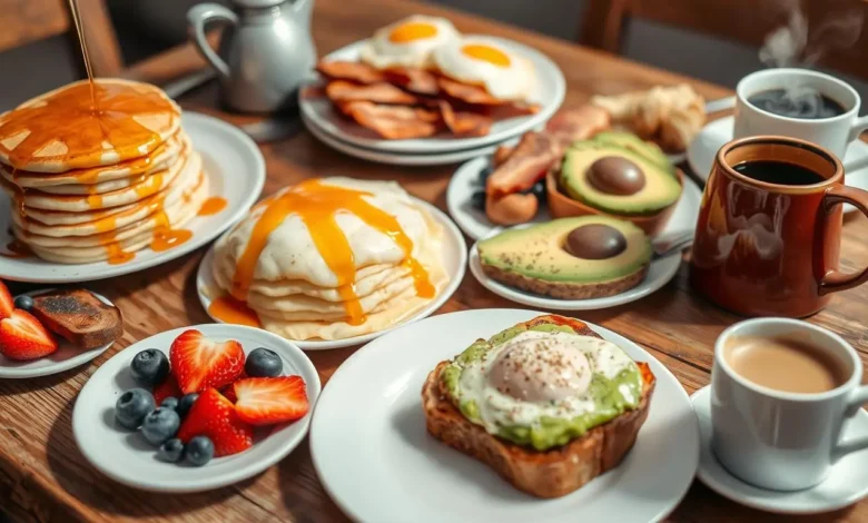 A vibrant and inviting breakfast spread on a rustic wooden table, featuring a variety of delicious dishes: fluffy pancakes stacked high with syrup drizzling down, perfectly scrambled eggs, crispy bacon, fresh fruit like strawberries and blueberries, avocado toast with a sprinkle of salt, and steaming coffee in a charming mug. The scene is bright and warm, capturing the essence of a perfect morning meal.