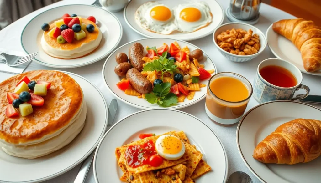 A vibrant breakfast spread featuring diverse international dishes: a fluffy Japanese soufflé pancake topped with fresh fruits, a traditional English breakfast with eggs, sausages, and baked beans, a colorful Mexican chilaquiles with salsa and avocado, a steaming bowl of Indian masala chai alongside dosa and chutney, and a classic French croissant with jam and butter, all beautifully arranged on an elegant table setting.