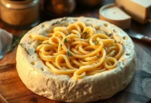 A creamy and rich cheese wheel pasta dish, featuring a large wheel of cheese at the center, with freshly cooked pasta nestled inside, garnished with herbs, a drizzle of olive oil, and a sprinkle of cracked pepper, set against a rustic wooden table background, warm lighting creating a cozy atmosphere.