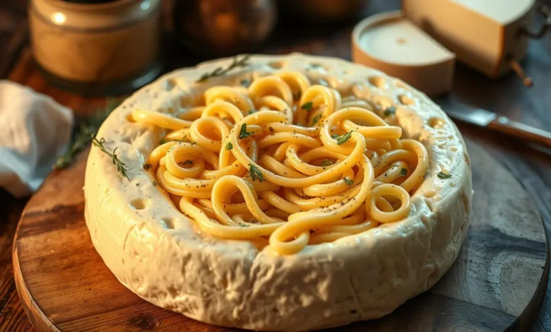 A creamy and rich cheese wheel pasta dish, featuring a large wheel of cheese at the center, with freshly cooked pasta nestled inside, garnished with herbs, a drizzle of olive oil, and a sprinkle of cracked pepper, set against a rustic wooden table background, warm lighting creating a cozy atmosphere.