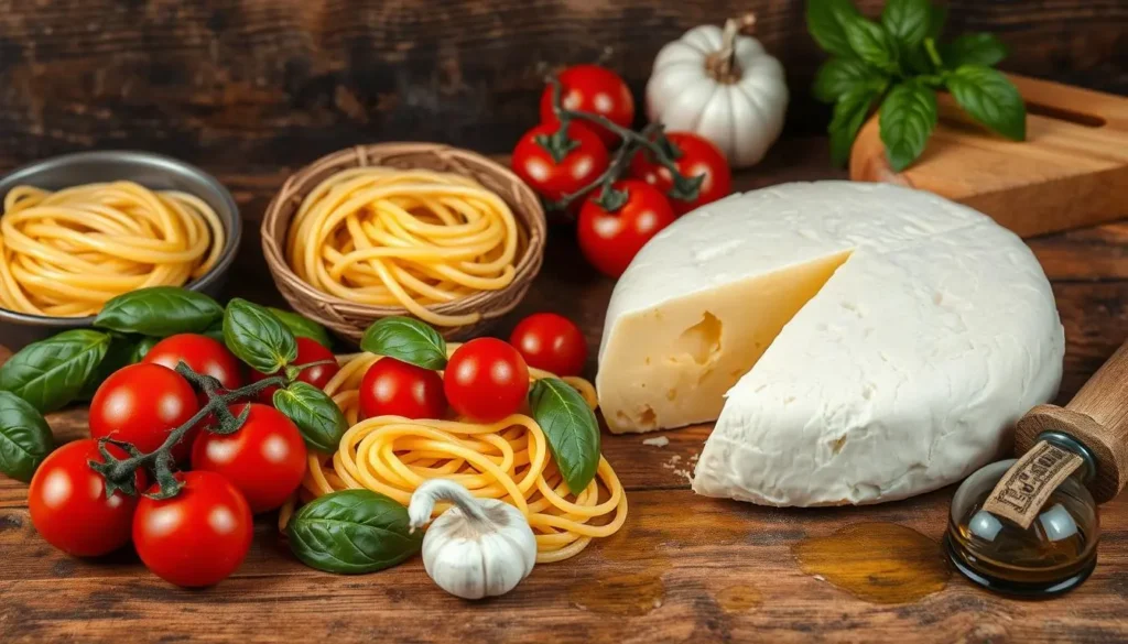 A rustic wooden countertop adorned with fresh ingredients for cheese wheel pasta: a large, creamy wheel of cheese, freshly cooked pasta spirals, ripe cherry tomatoes, fragrant basil leaves, garlic cloves, and a drizzle of olive oil. Soft natural lighting highlights the textures and colors, creating an inviting culinary scene.