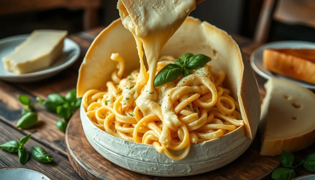 A creamy pasta dish being served from a large, half-opened cheese wheel, with melted cheese cascading over the pasta, topped with fresh basil leaves, surrounded by a rustic wooden table setting, soft natural lighting highlighting the textures of the cheese and pasta.