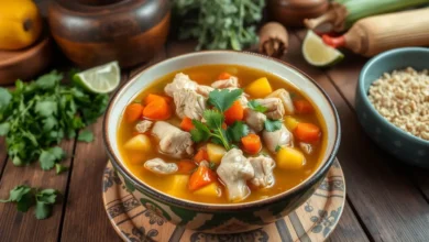 A vibrant bowl of caldo de pollo, filled with succulent chicken pieces, colorful vegetables like carrots, potatoes, and corn, garnished with fresh cilantro and lime wedges, set on a rustic wooden table, steam rising gently, surrounded by traditional cooking utensils and ingredients.