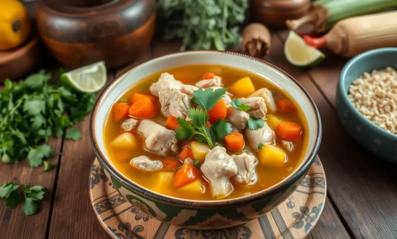 A vibrant bowl of caldo de pollo, filled with succulent chicken pieces, colorful vegetables like carrots, potatoes, and corn, garnished with fresh cilantro and lime wedges, set on a rustic wooden table, steam rising gently, surrounded by traditional cooking utensils and ingredients.