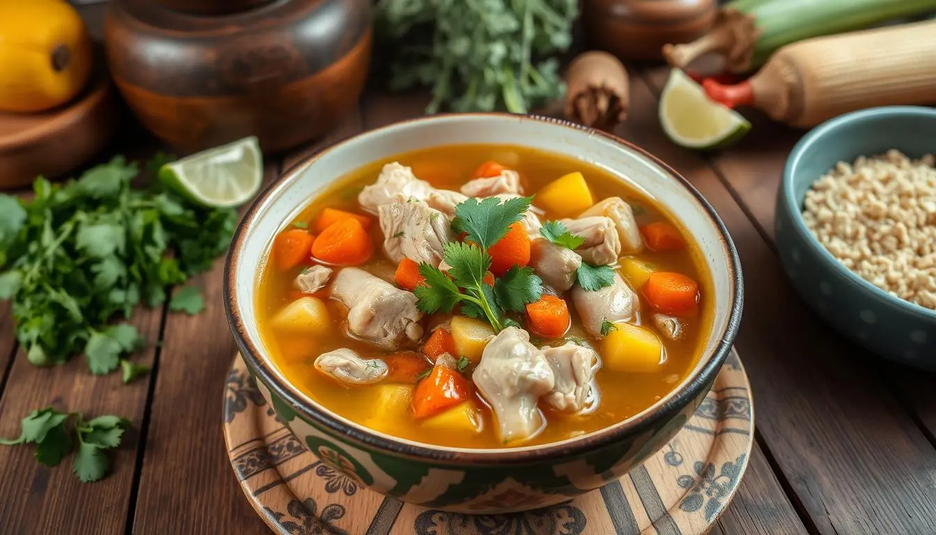 A vibrant bowl of caldo de pollo, filled with succulent chicken pieces, colorful vegetables like carrots, potatoes, and corn, garnished with fresh cilantro and lime wedges, set on a rustic wooden table, steam rising gently, surrounded by traditional cooking utensils and ingredients.