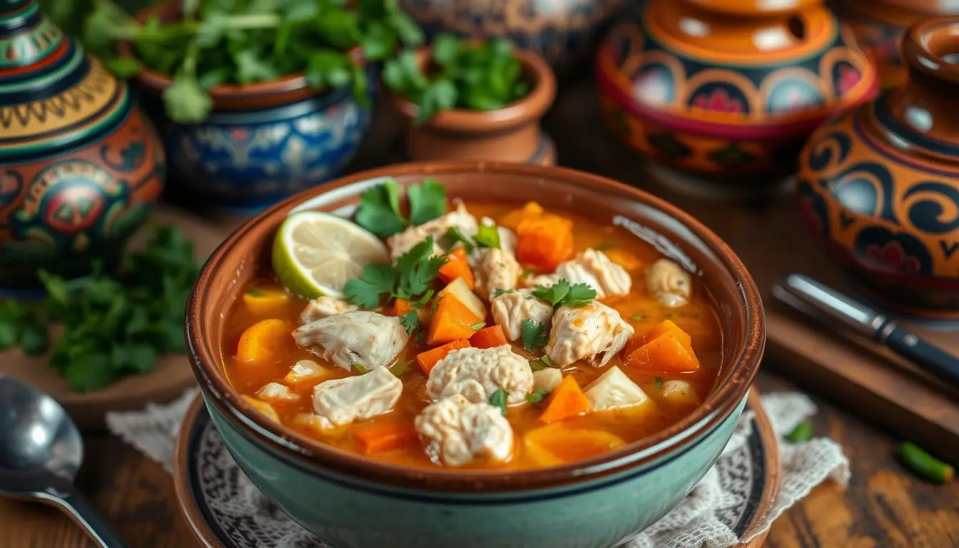 A vibrant bowl of Consome de Pollo, featuring tender chicken pieces, colorful vegetables like carrots and zucchini, garnished with fresh cilantro and lime wedges, set on a rustic wooden table, surrounded by traditional Mexican pottery, steam rising gently from the soup, warm and inviting atmosphere.