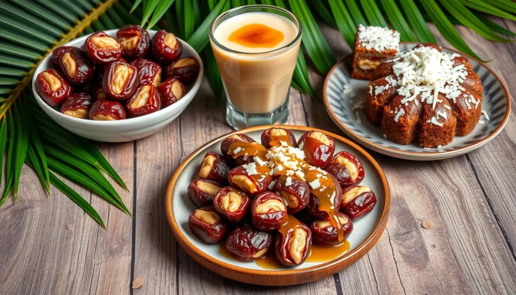 A vibrant, artistic arrangement of various date palm dishes, showcasing a colorful platter of stuffed dates with nuts, drizzled with honey, alongside a bowl of date smoothie and a dessert of date cake topped with coconut flakes, set on a rustic wooden table with tropical leaves in the background.