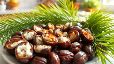 A beautifully arranged platter of stuffed dates, featuring various fillings like cream cheese, almonds, and spices, surrounded by fresh date palms with lush green fronds in a sunlit kitchen setting, showcasing vibrant colors and textures.