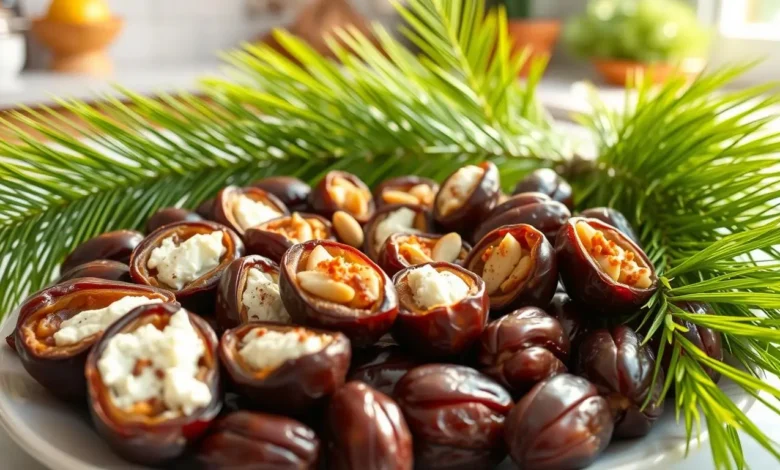 A beautifully arranged platter of stuffed dates, featuring various fillings like cream cheese, almonds, and spices, surrounded by fresh date palms with lush green fronds in a sunlit kitchen setting, showcasing vibrant colors and textures.